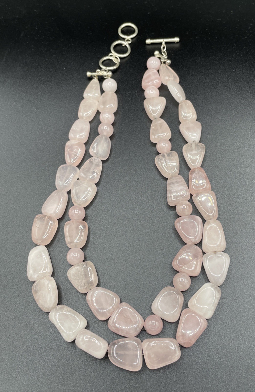 Rose Quartz Necklace Double Strand Crystal Chunky Bead Choker Sterling 925