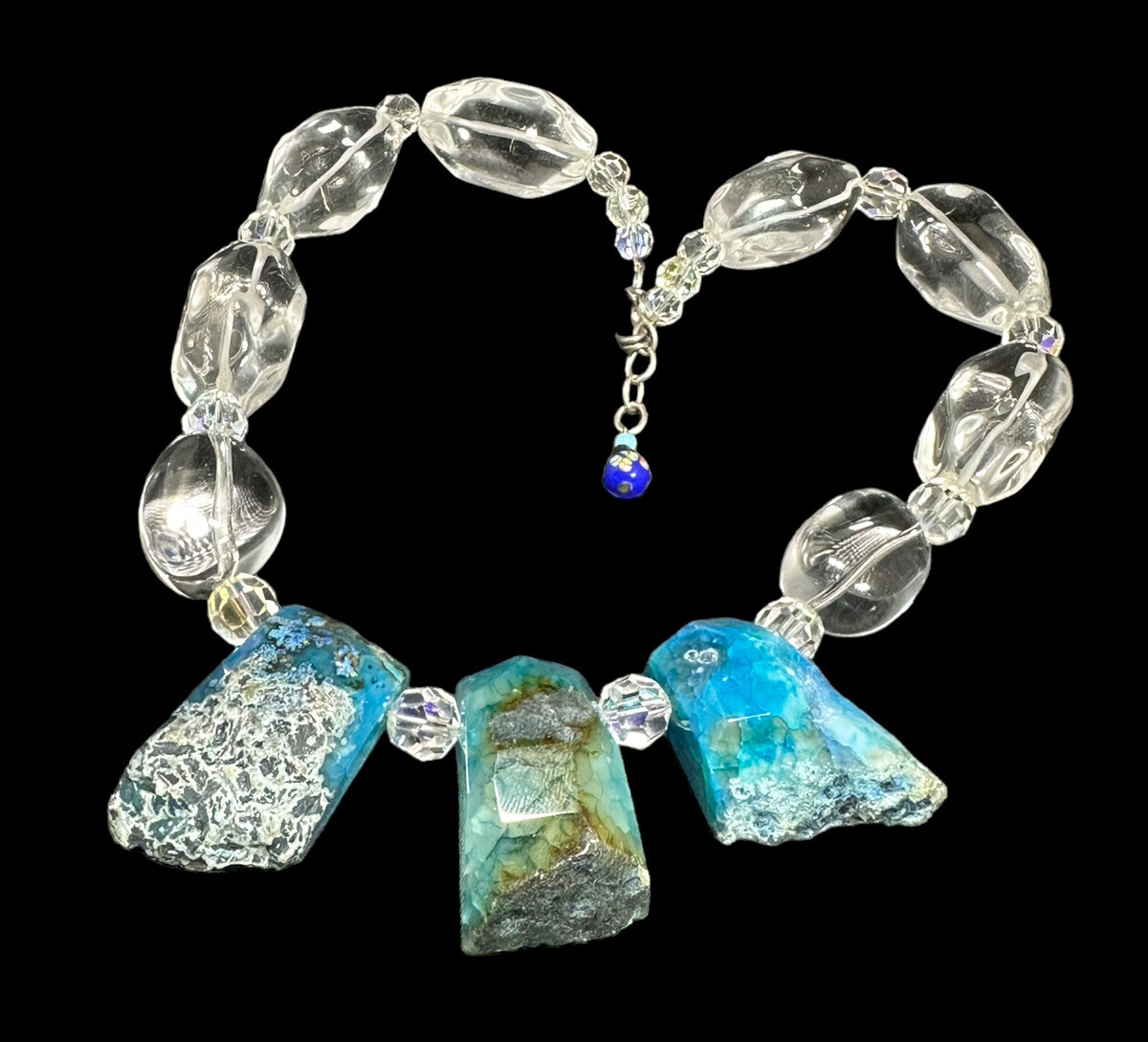 Natural Blue Larimar Necklace Clear Rock Crystal Beads 21 in Raw Gemstone