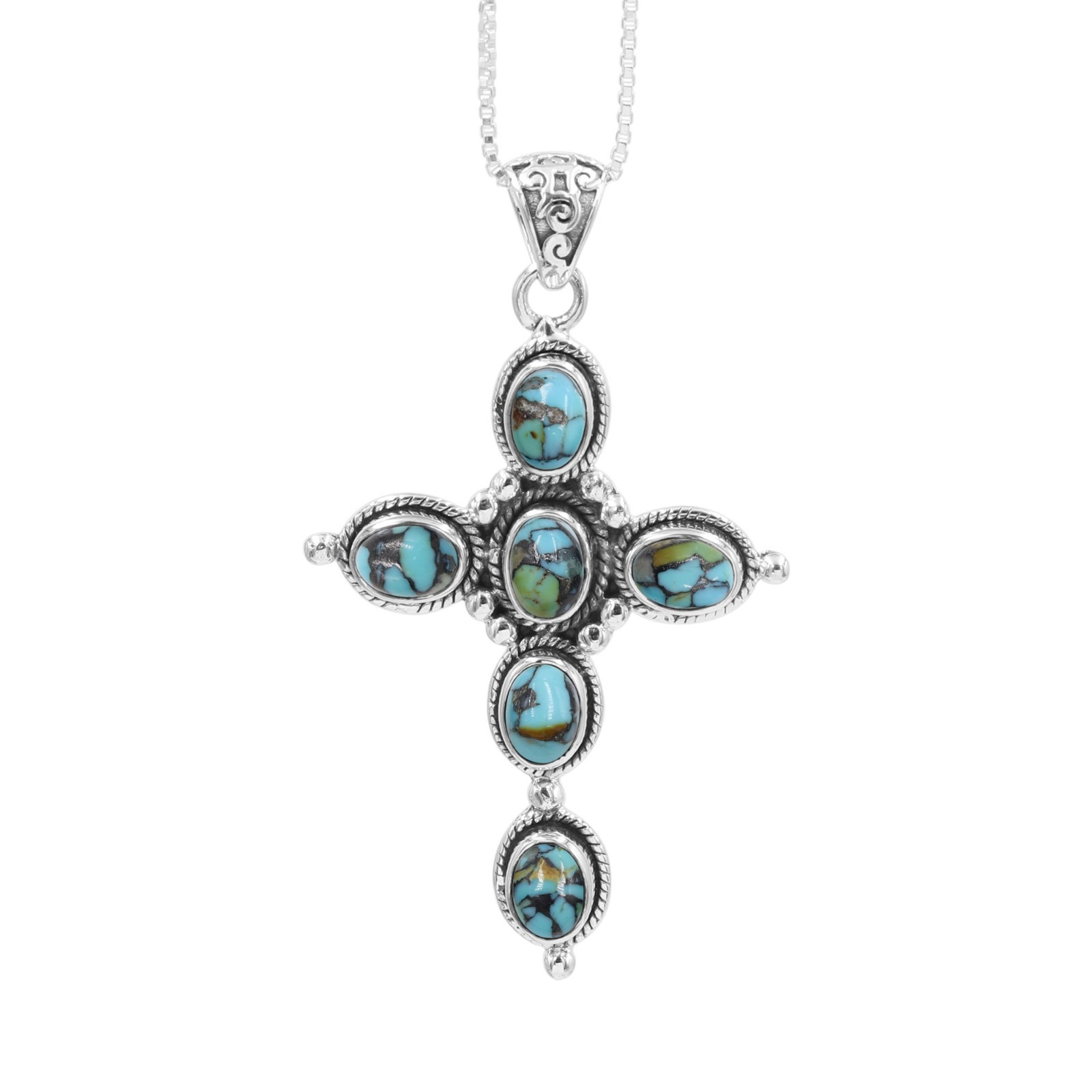 Turquoise Cross Necklace in 925 Sterling Silver with Chain
