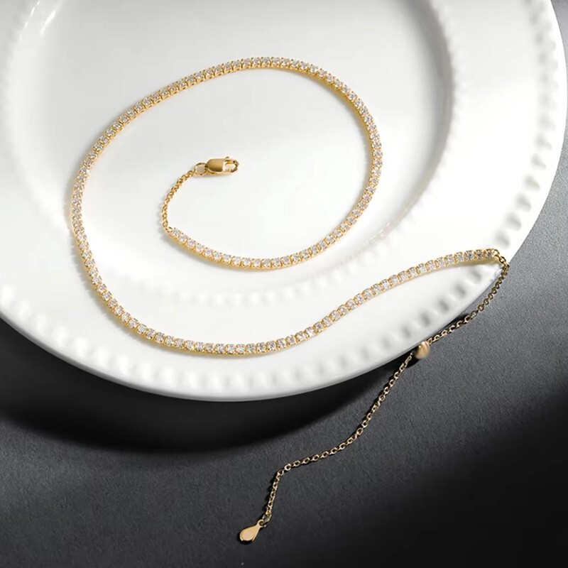 2mm VVS1 Moissanite Tennis Necklace Choker Women Gift 925 Silver 18K Gold Plated