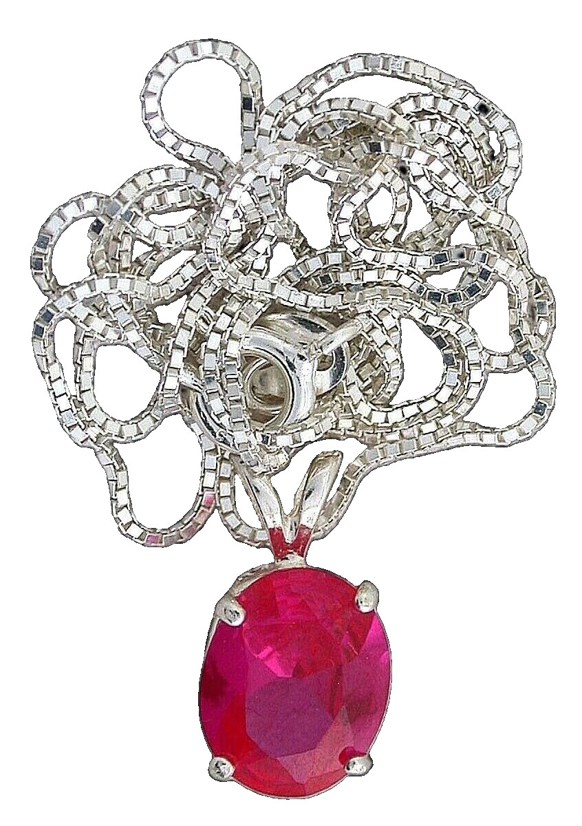 9×7 Oval Lab Created Corundum Ruby Gemstone Sterling Pendant 20 Inch Box Chain