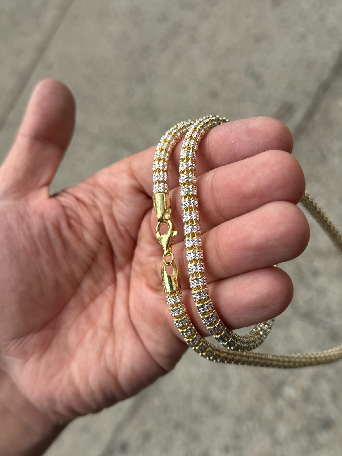 5.5mm 14k Yellow Gold Two Tone Diamond-Cut Ice Link Chain Sterling Silver 925
