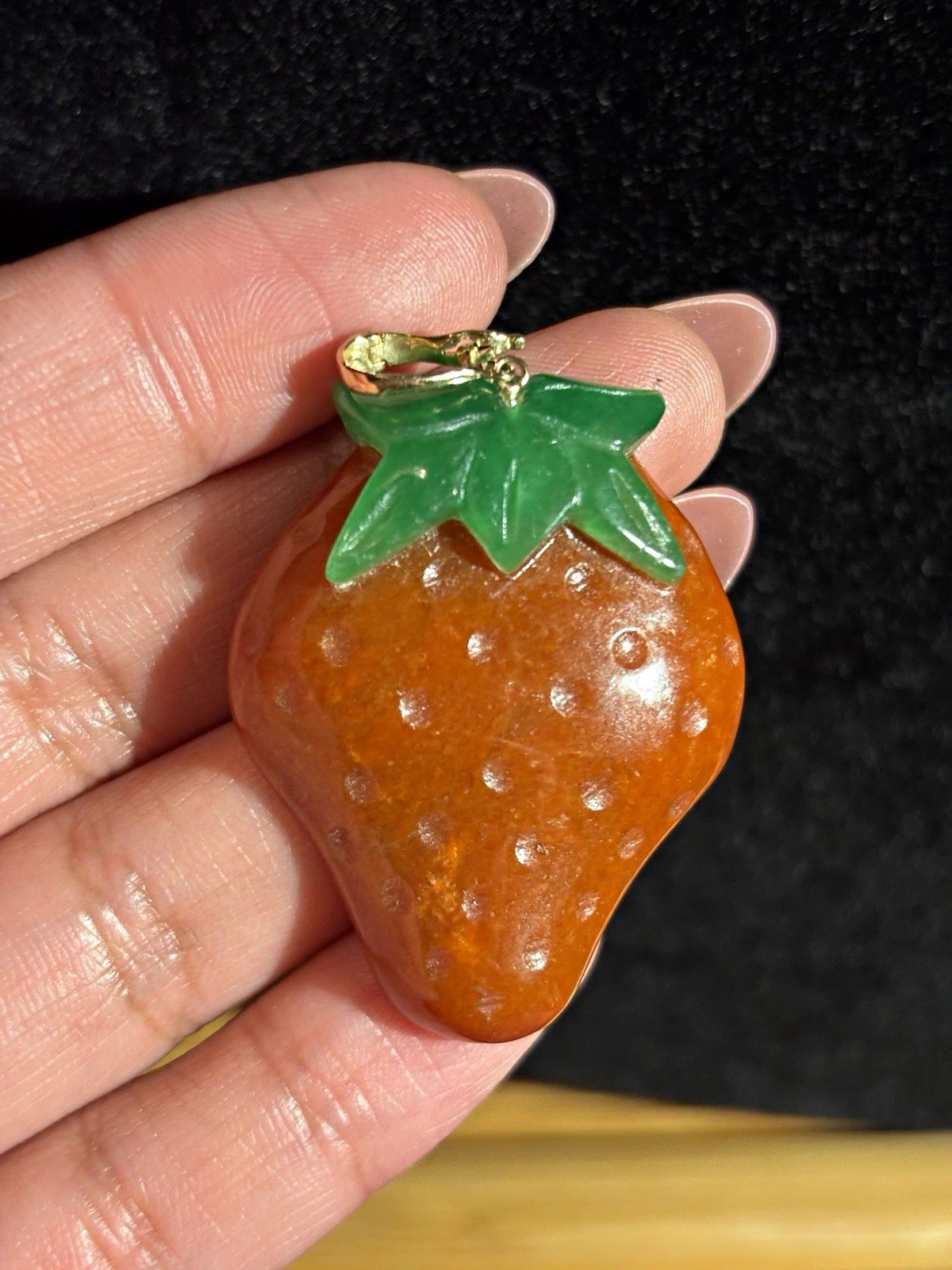 14K Yellow Gold Dyed Jadeite Strawberry Charm Pendant Orange Green Gemstone