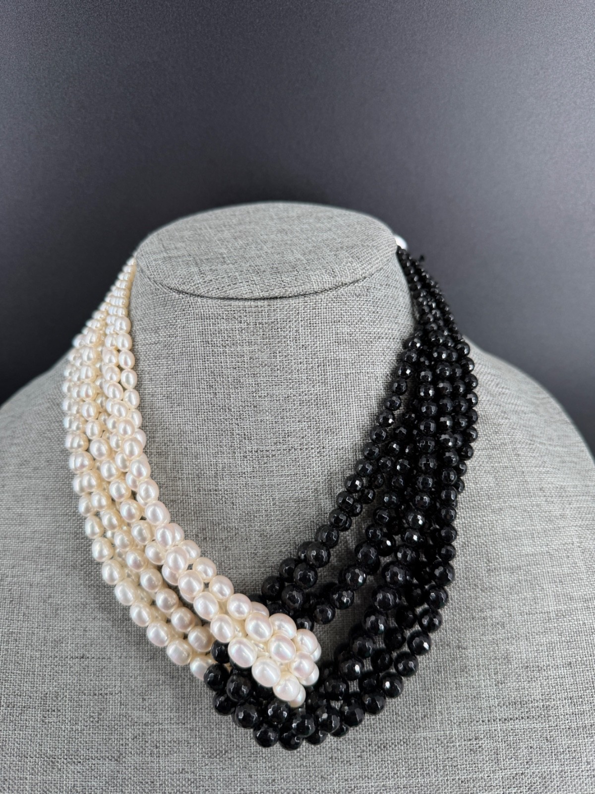 Honora Pearl Knot Necklace Multi Strand Black White Sterling 925 Statement