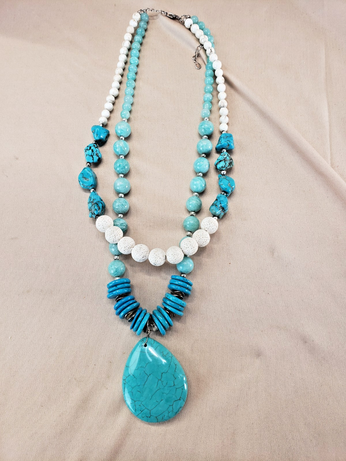 Sterling Silver Amazonite Turquoise Lava Bead Howlite Pendant Necklace S925