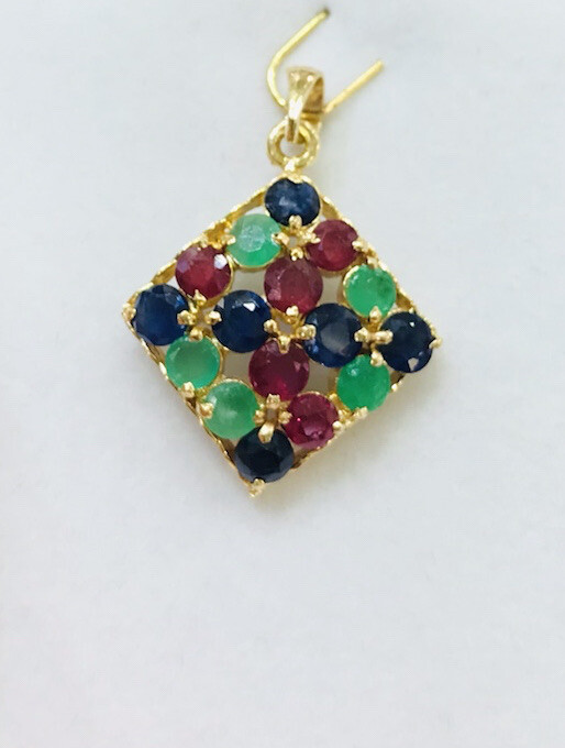 14k Solid Yellow Gold Cluster Pendant W/Natural Round Emerald Ruby Sapphire2.58G