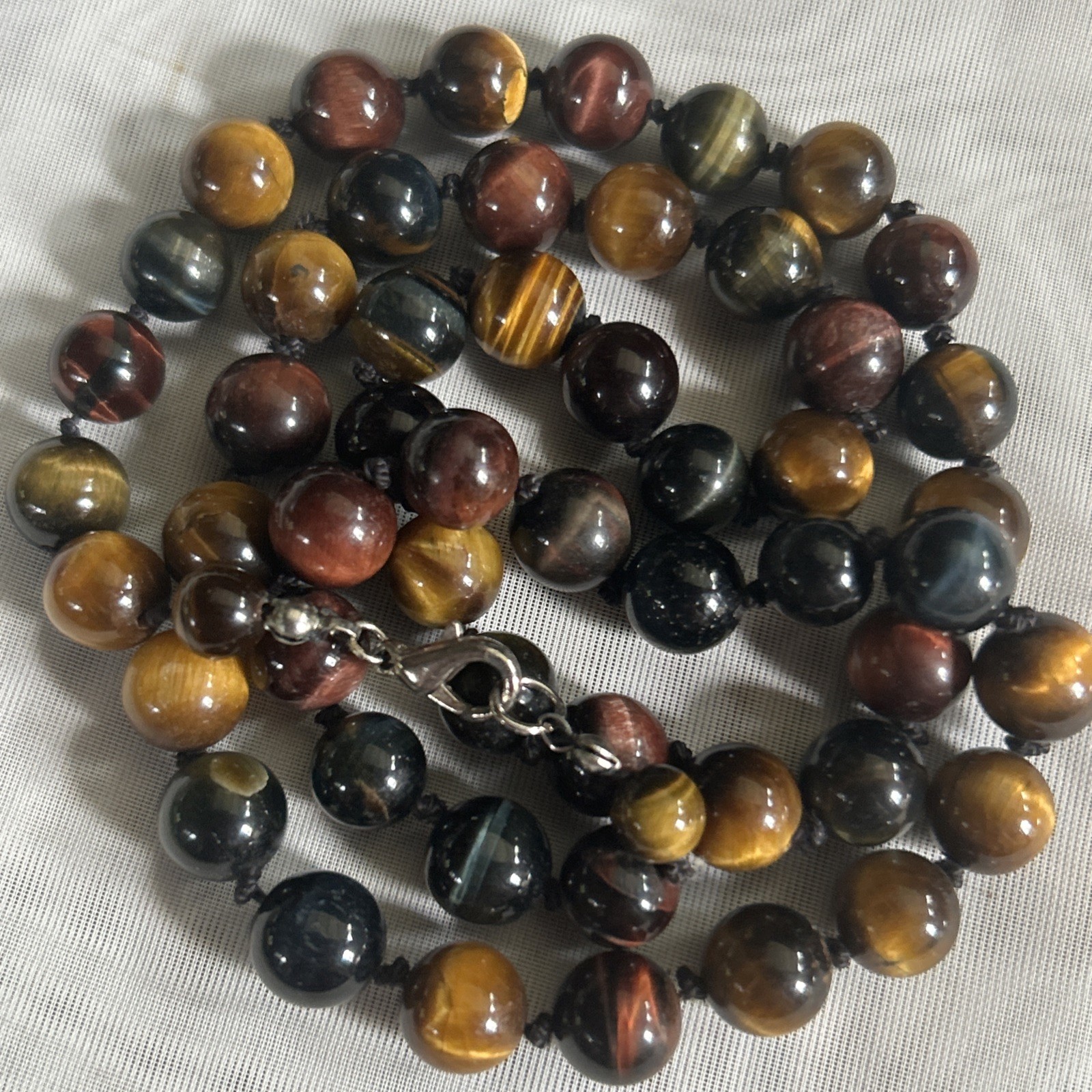10mm Tiger’s Eye Beaded Necklace Knotted Brown, Red, Black Tones 26” Gemstone