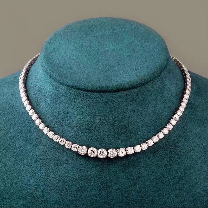 D Color Real Moissanite Tennis Necklace Women S925 Silver 18K White Gold Plated
