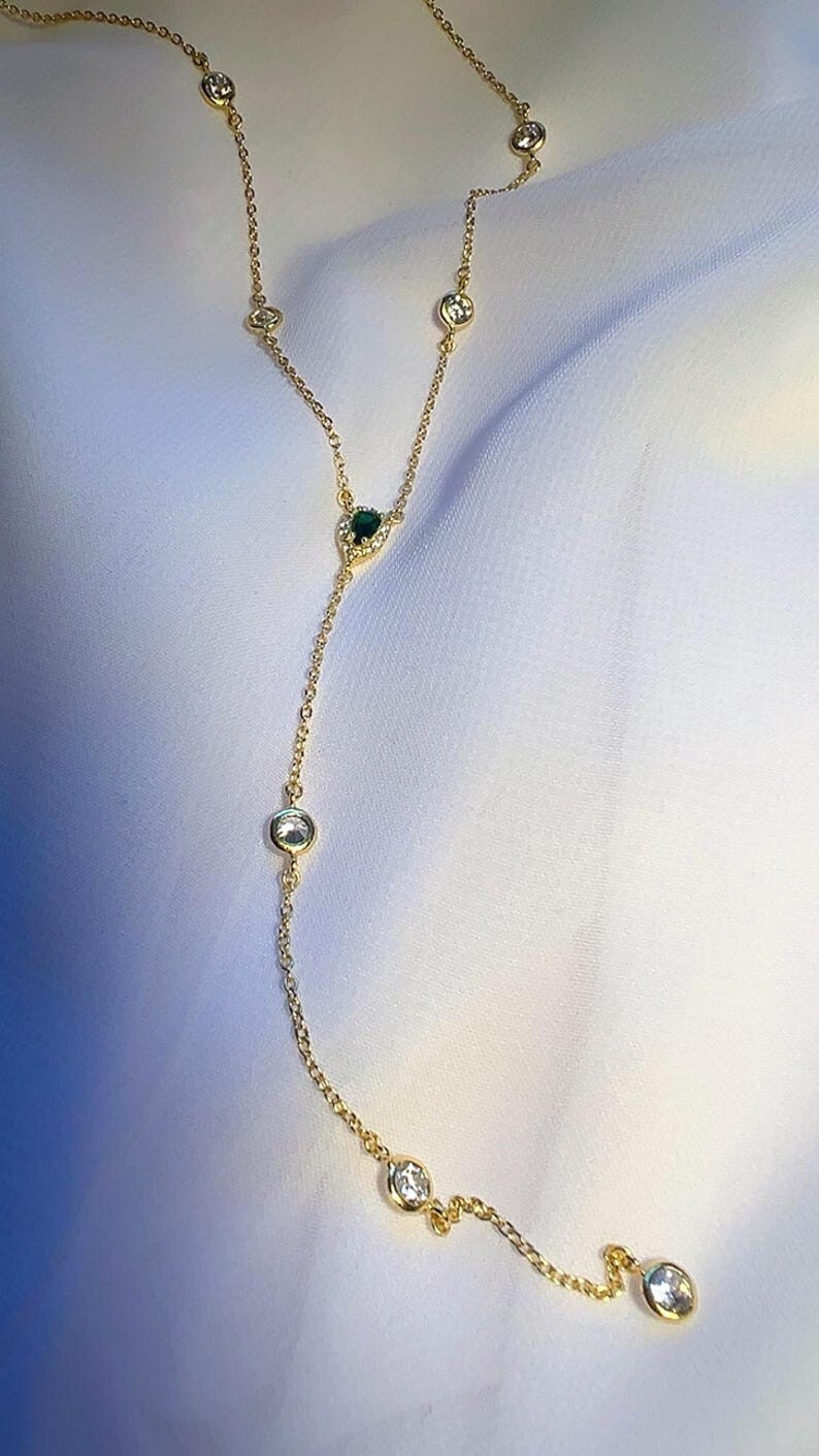 2Ctw Pear Cut Lab Created Emerald Diamond Lariat Necklace 14K Yellow Gold Plated