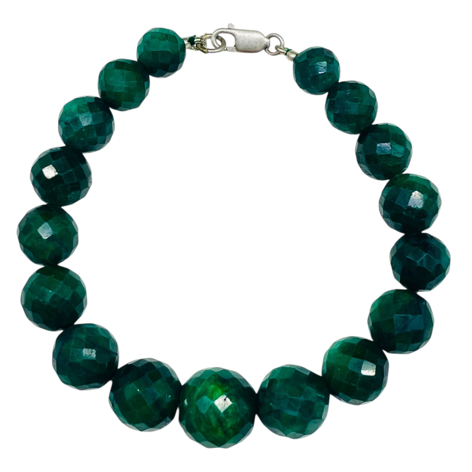 7.5 Inch Natural Green Sapphire Bracelet 10-14mm Facetted Beads with 925 Clasp