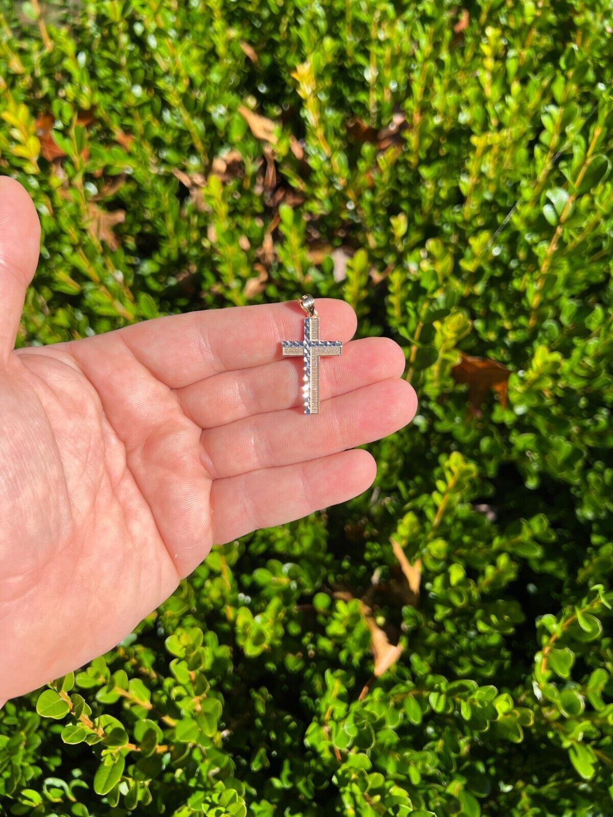Real 14k Solid Yellow & White Diamond Cut Gold Cross Crucifix Pendant Necklace