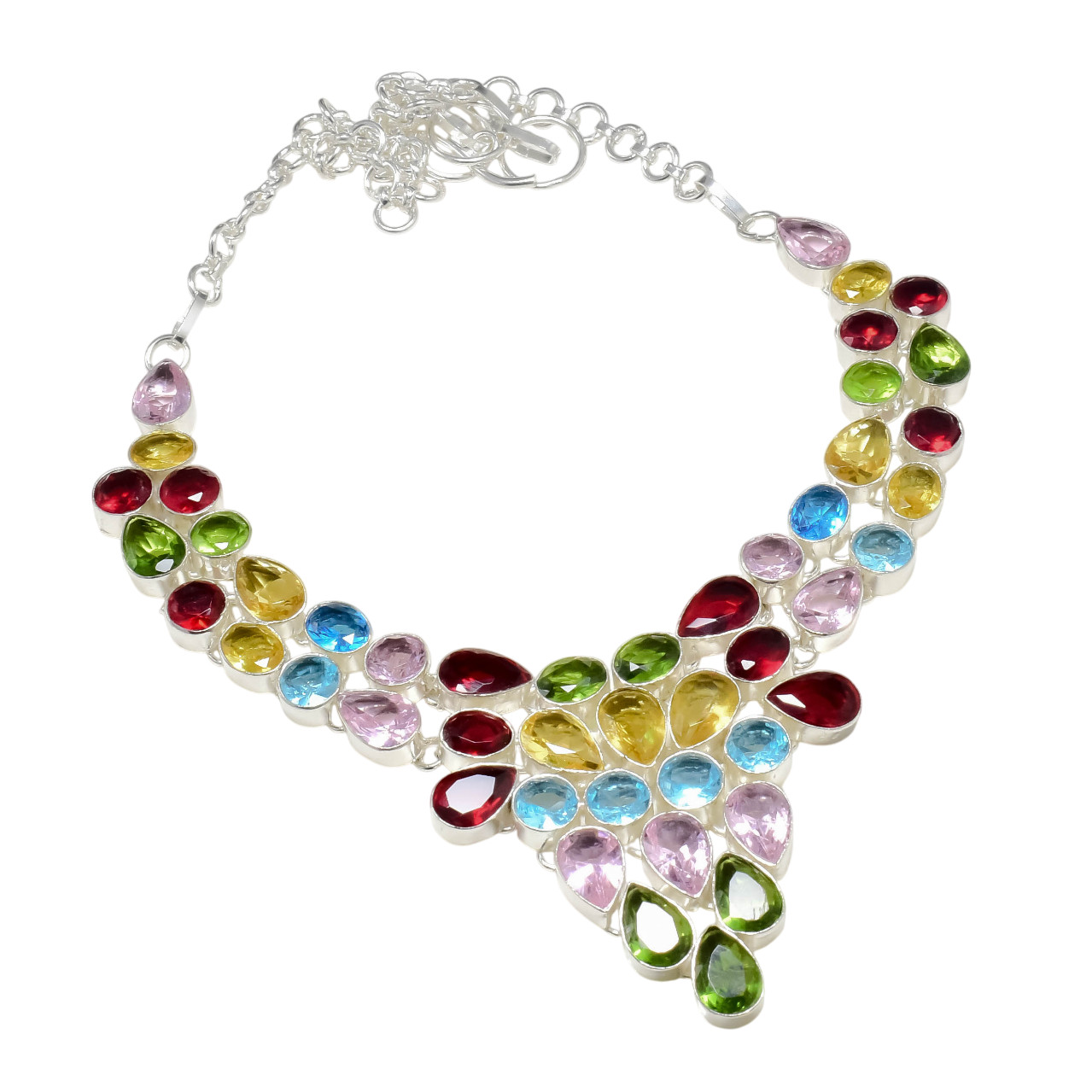 Multi Color Gemstone Handmade 925 Sterling Silver Jewelry Necklace Size-18″