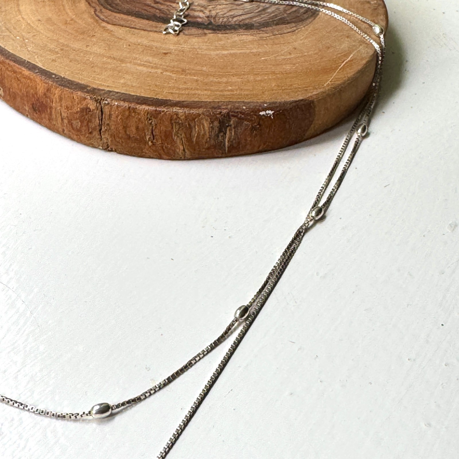 Sterling Silver 925 Double Strand Box Chain Station Necklace Adjustable Beaded