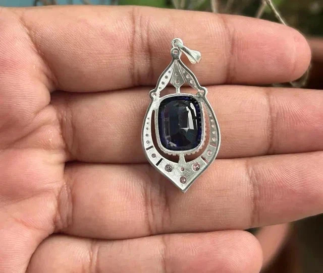 Vintage Art Deco Style Pendant Lab Created Diamond Sapphire White Gold Plated