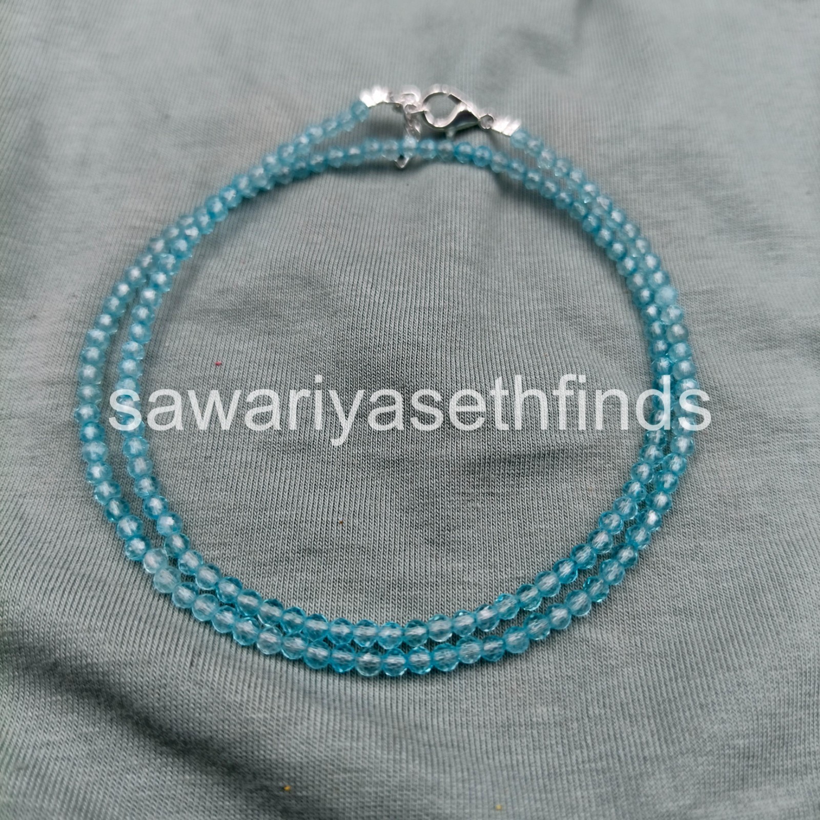 Faceted Blue Topaz 3mm Beaded Necklace, Sterling Silver Clasp, Minimal Layering