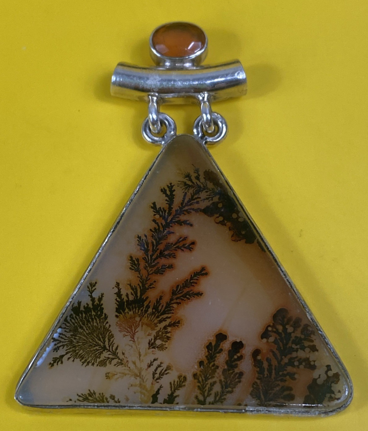 One of a Kind Dendritic Landscape Agate Triangle in Our Sterling Silver Pendant