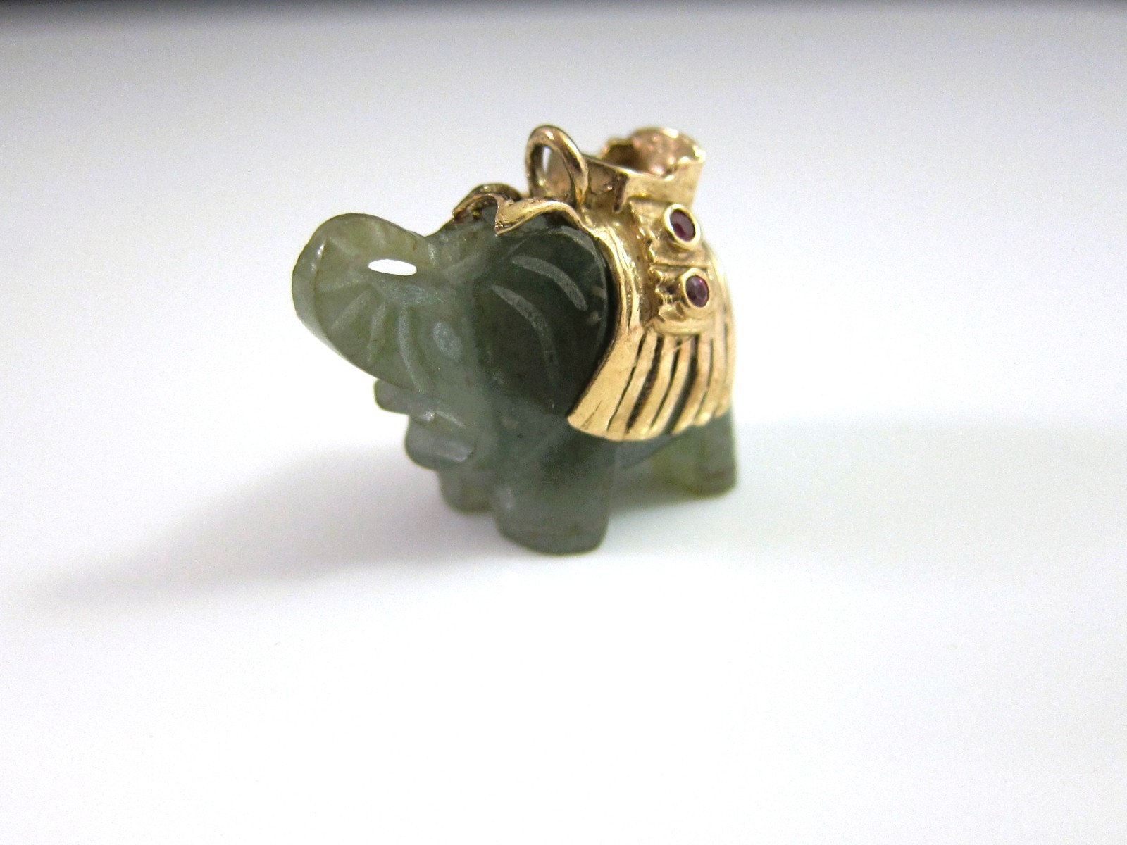 Nephrite Jade Elephant w/ 14kt Yellow Gold & Ruby Detail