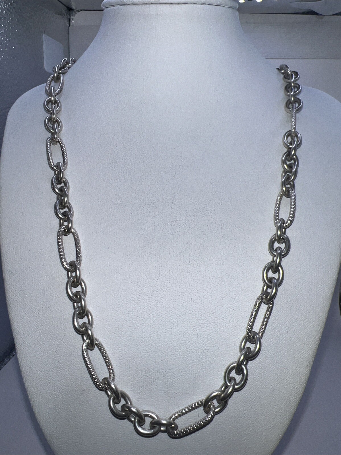 Sterling Silver Oval Open Link Figaro Style Necklace 32in (68g)