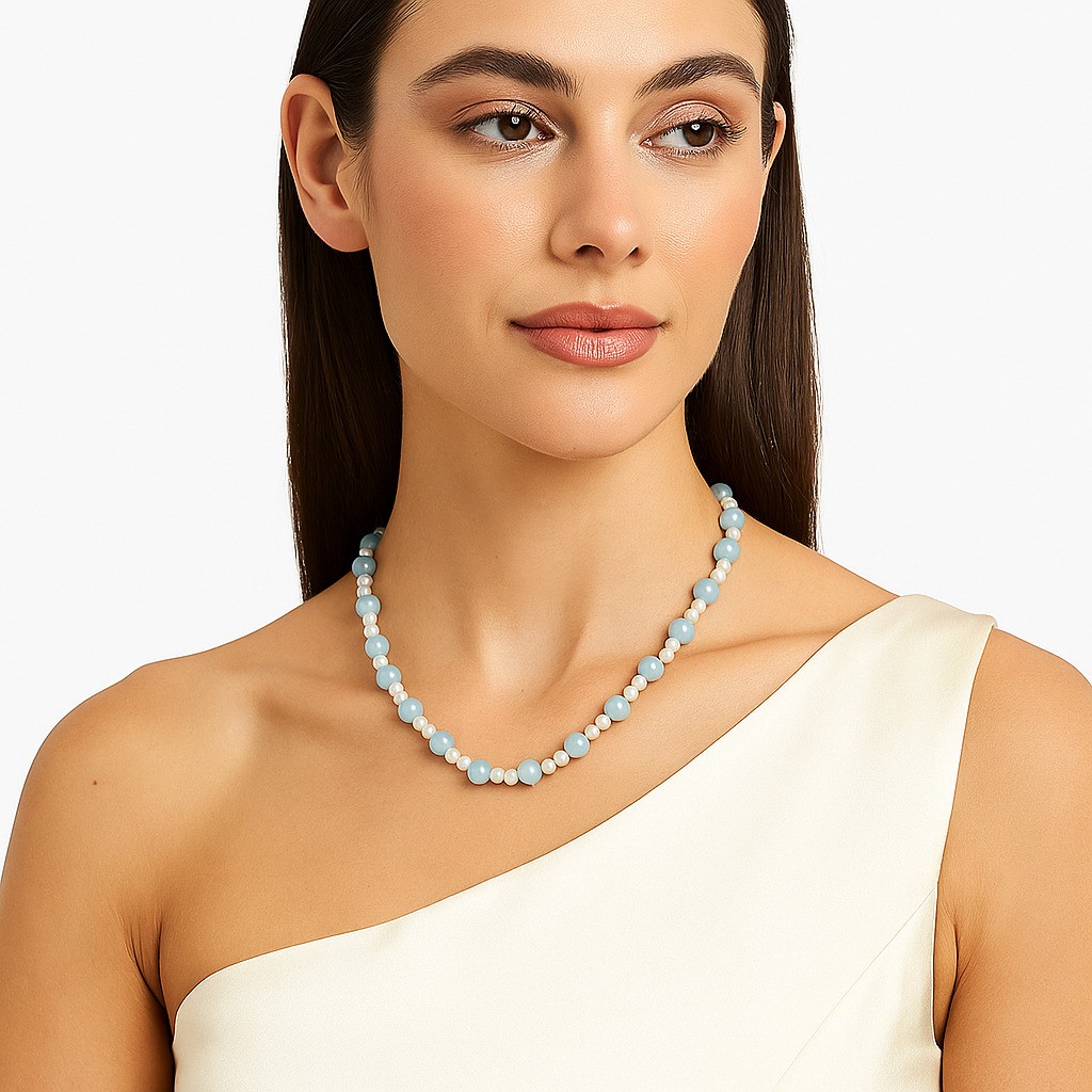 Premium Quality Aquamarine – Brazil & Pearl 925 Silver Beaded Necklace N-1025