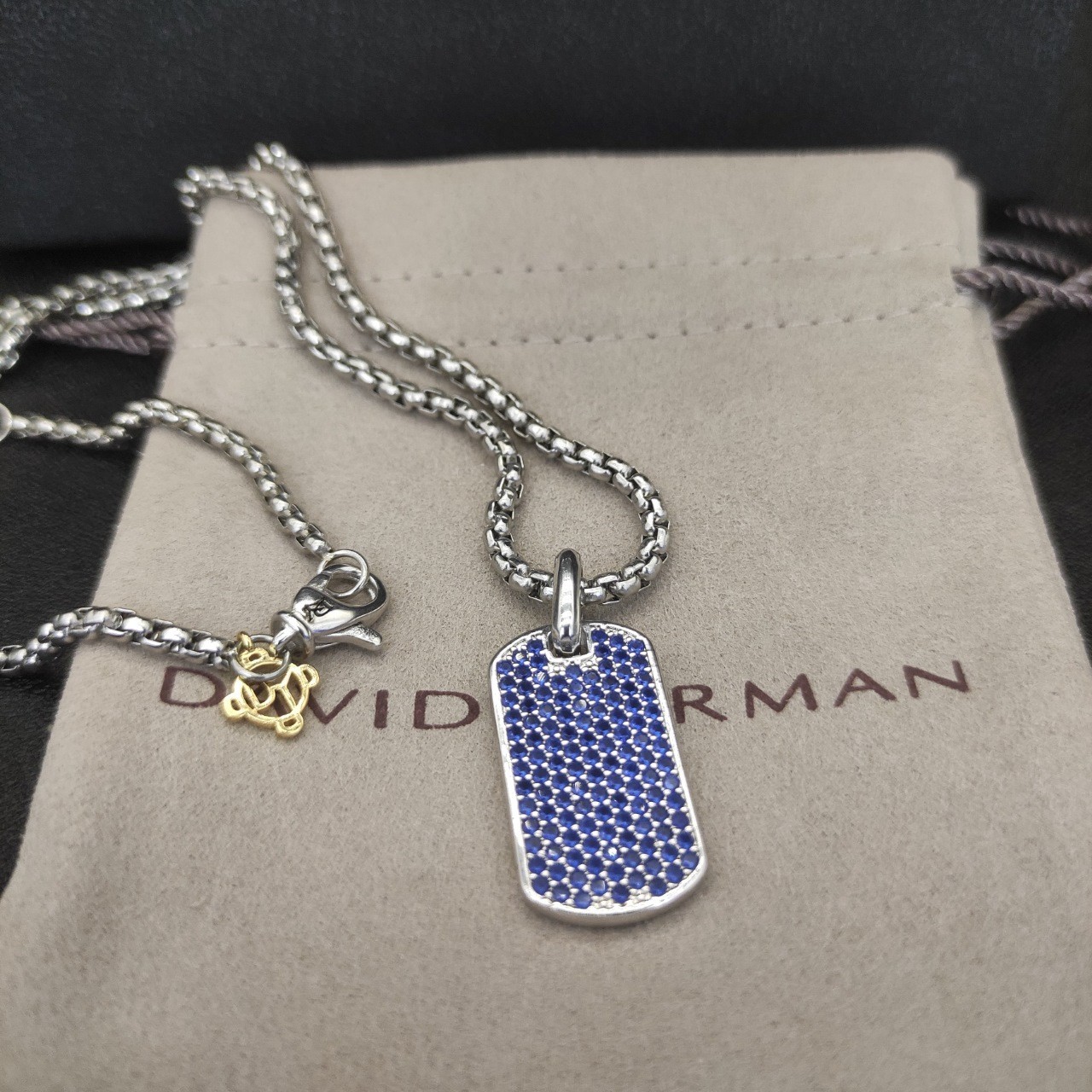 David Yurman Chevron Dog Tag Sterling Silver with Sapphires 3mm Necklace 21in