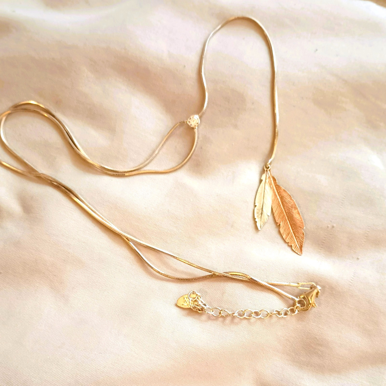 Dyadema Italy 925 Lariat Necklace 18″ Sterling Silver 2 Tone Leaves Tiny Crystal