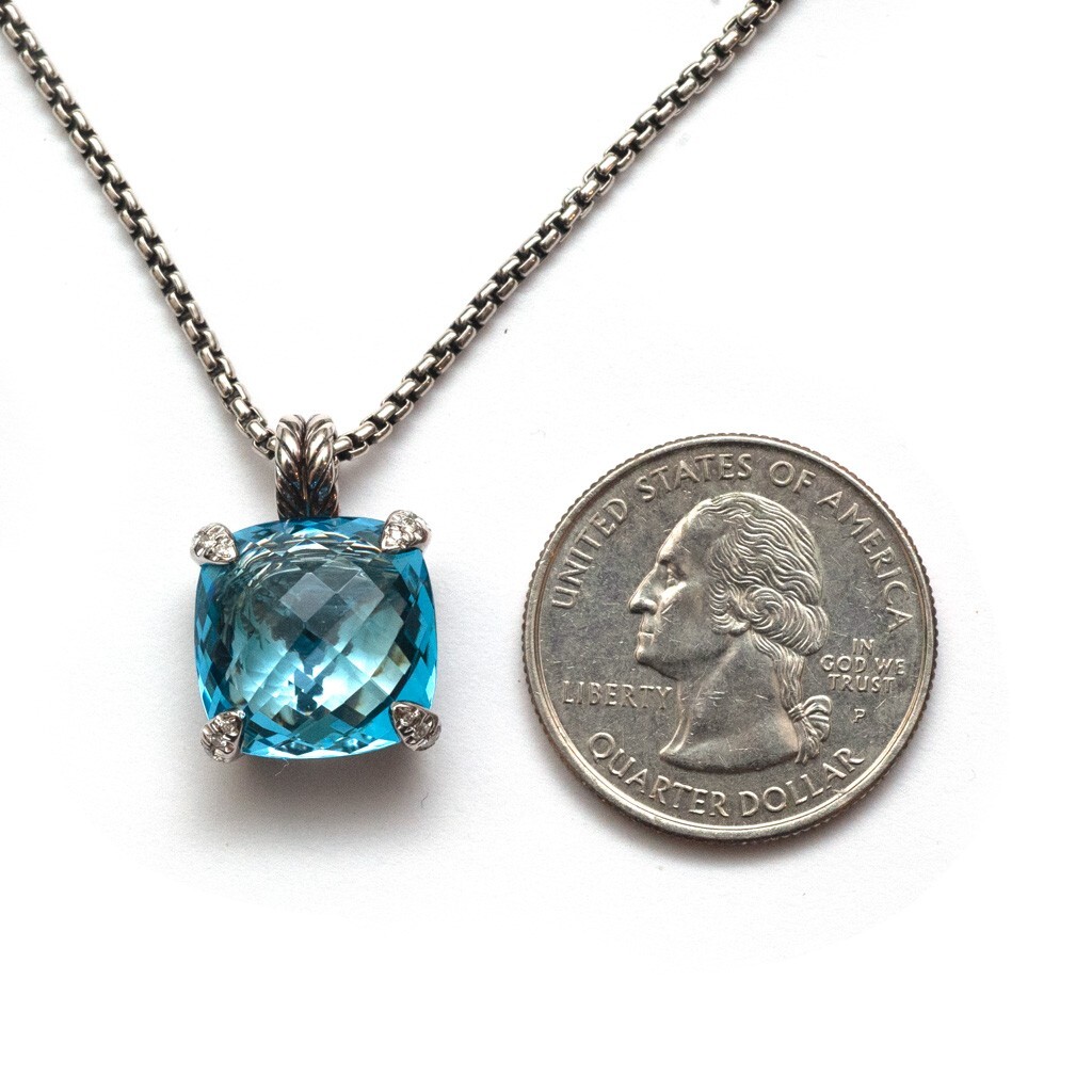 DAVID YURMAN Blue Topaz Silver Diamond 14mm Chatelaine Pendant 18″ Necklace New