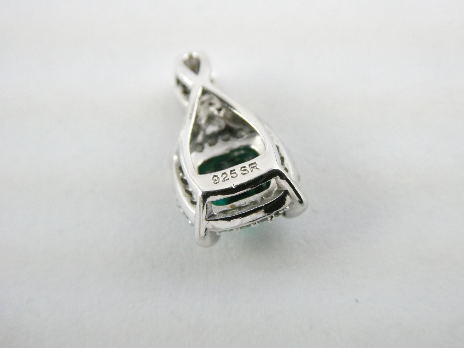 SR Designer Sterling Silver Lab Created Emerald and Diamond Pendant 1.4g 5/8 In