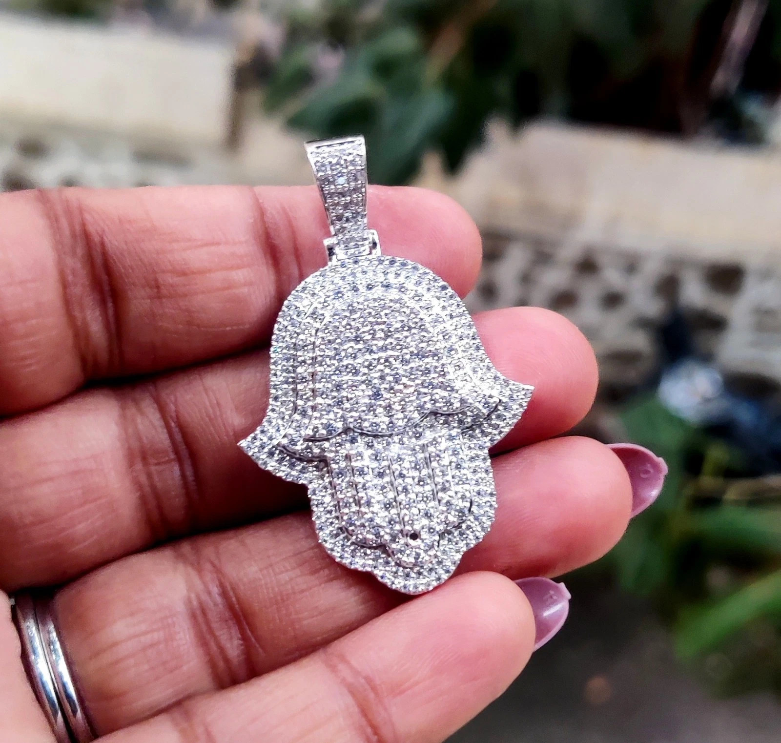 2Ct Round Lab-Created Diamond Hamsa Hand Pendant 14K White Gold Plated Silver