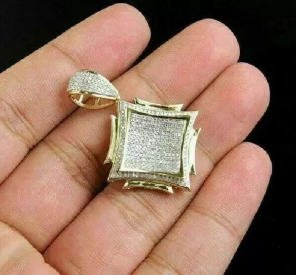 2.00CT Round Cut Lab Created Dimond Men Square Penant 14K Yellow Gold Plated