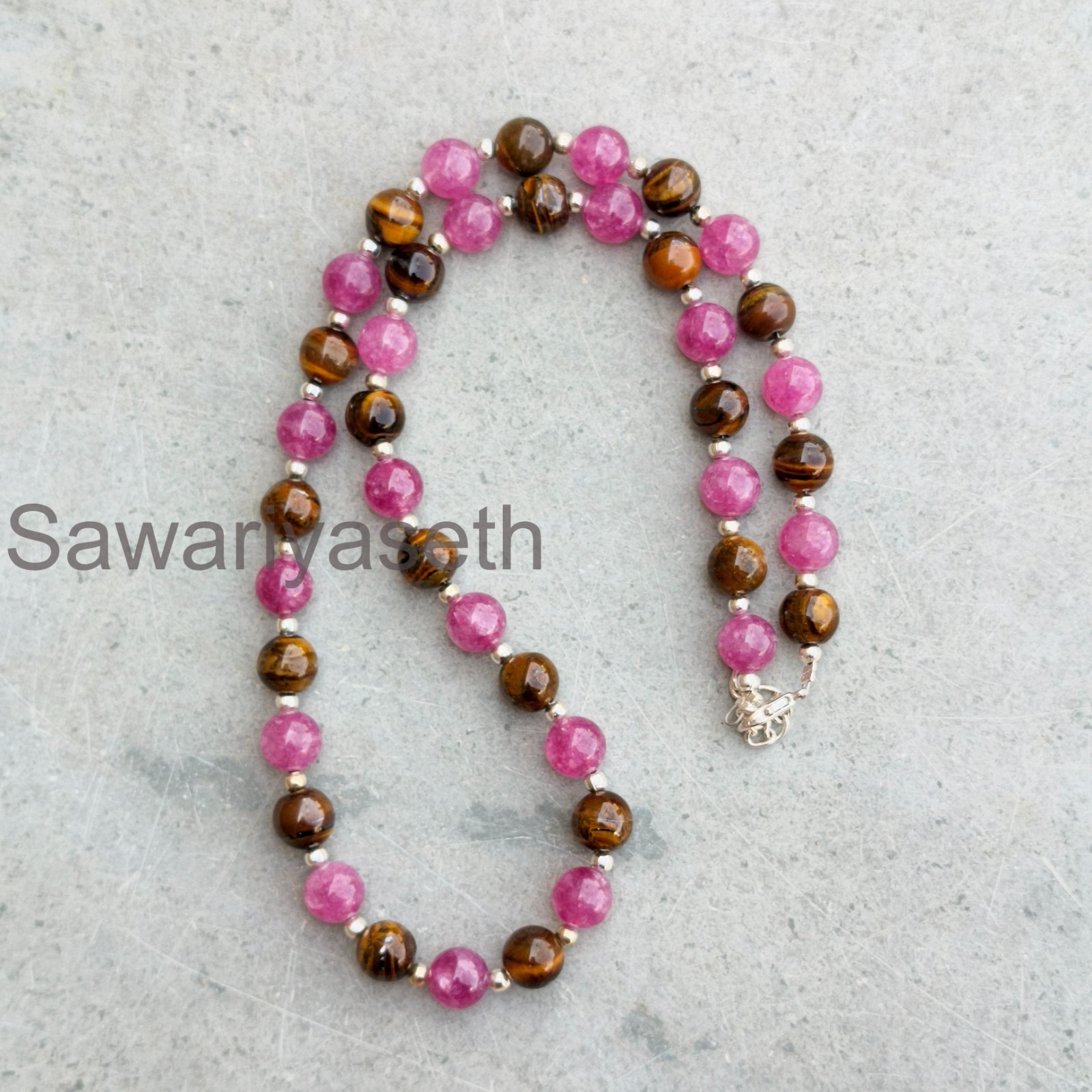 Tiger’s Eye Tourmaline 8mm Round Gemstone Necklace, Boho Sterling Silver Clasp