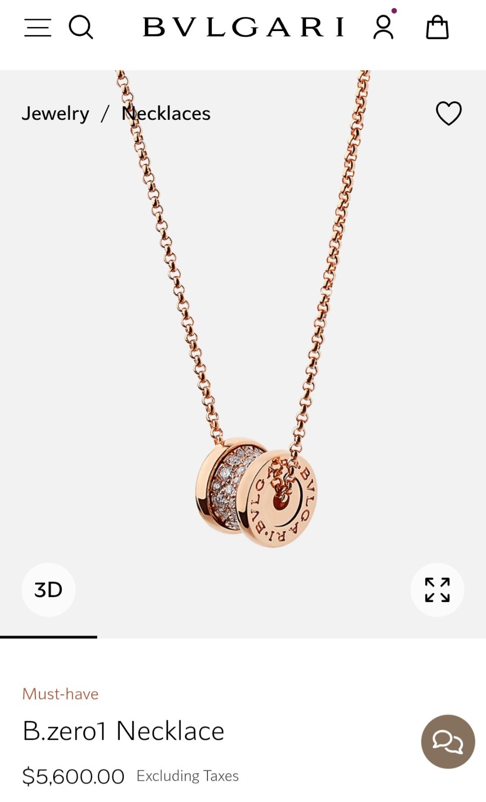 Bvlgari B.zero1 18KT Necklace With Gold Pendant Set With Pavé Diamonds