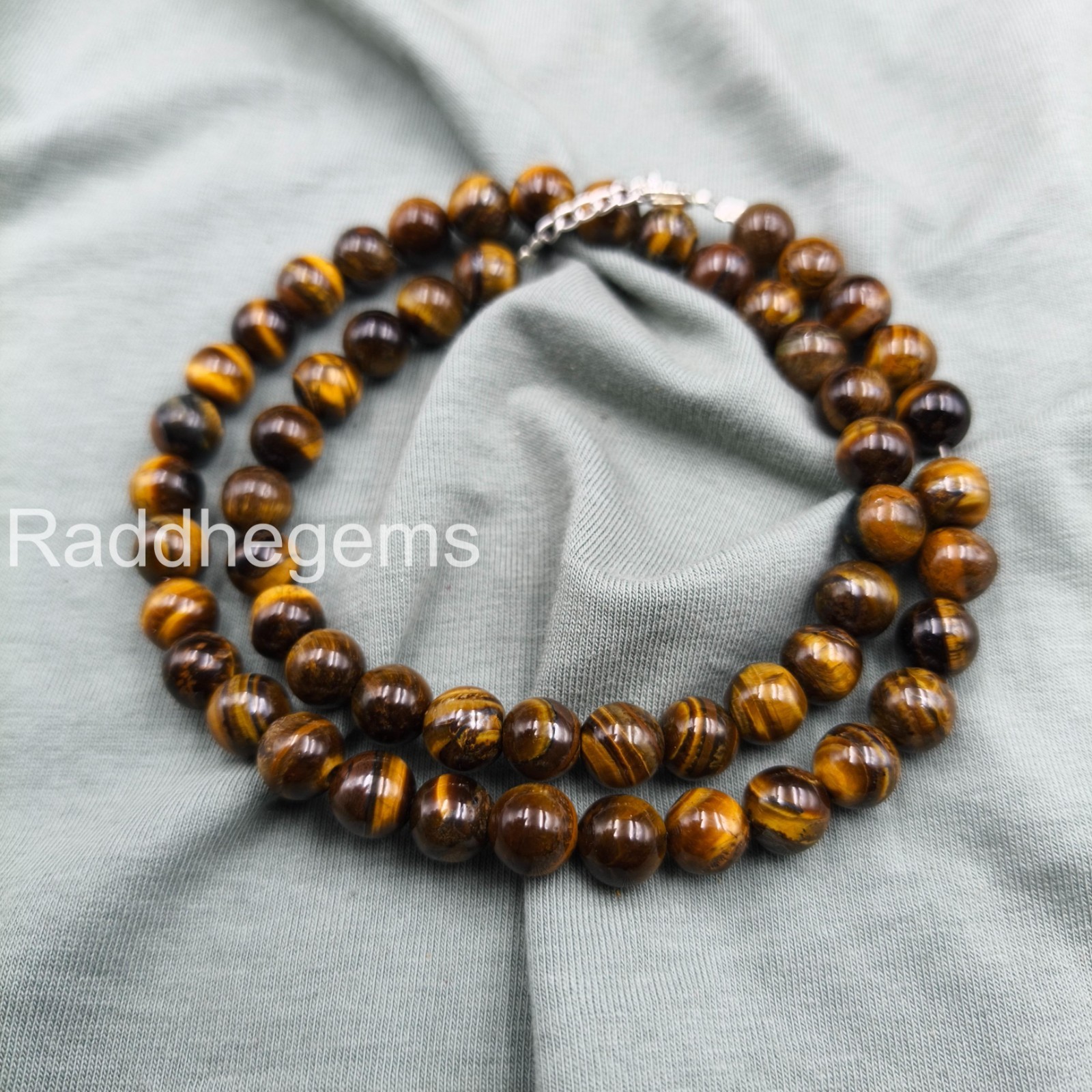 Tigers Eye Necklace 8mm Round Beaded Jewelry Sterling Silver Clasp Unisex Gemsto
