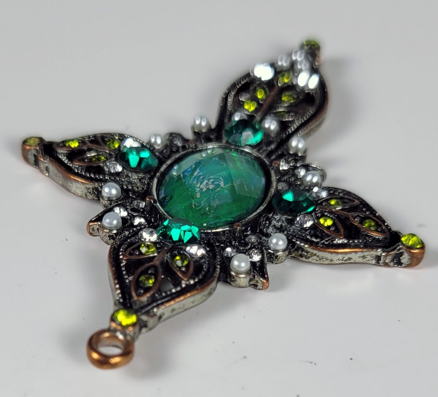 Cross Pendant with Opalescent Green Stone and Faux Pearls – 2 inches Very Good