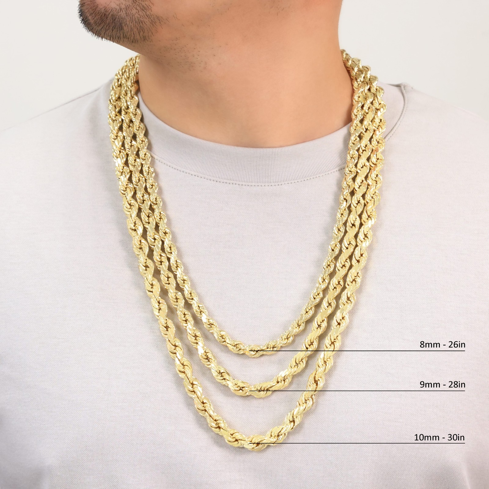 14K Yellow Gold Diamond Cut Rope Chain Necklace 1.5mm – 5mm, Men Women 16″- 30″