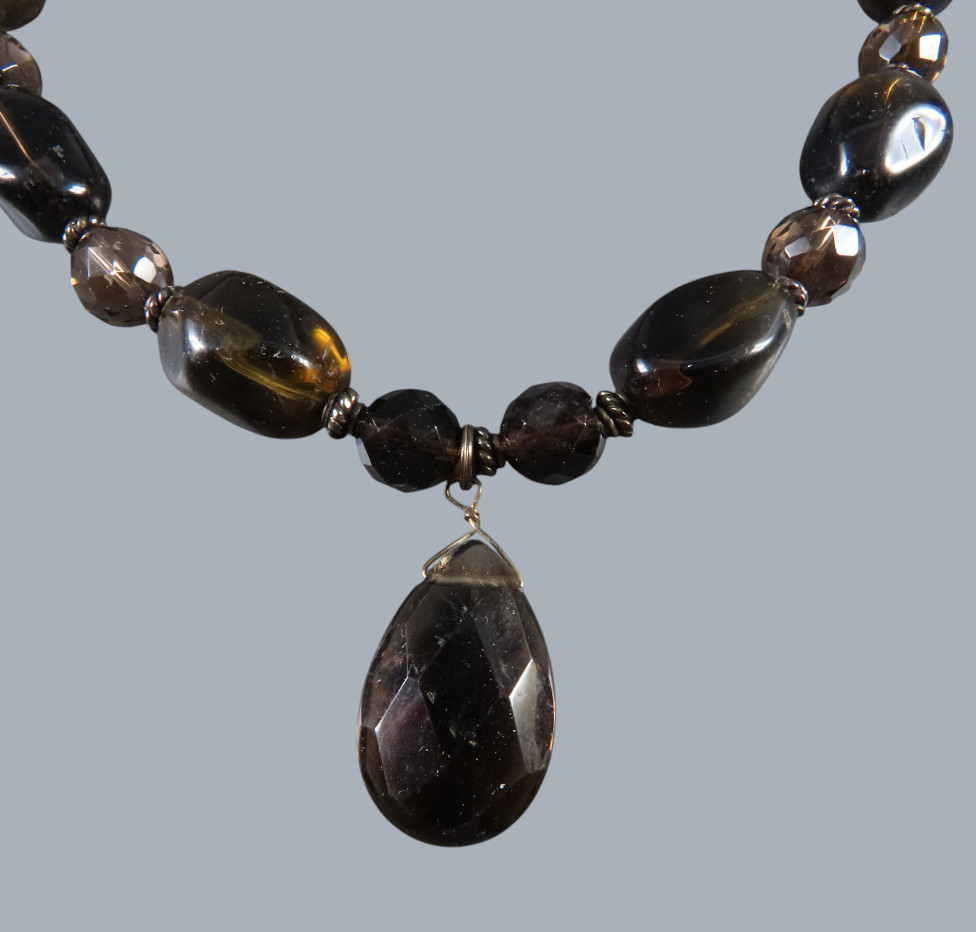STERLING SILVER Brown Smoky Quartz BEADED NECKLACE Faceted Beads Nuggets PENDANT