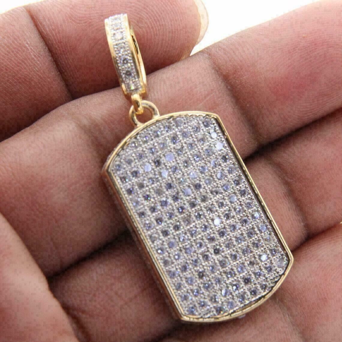 2.50Ct Lab Created Diamond Round Dog Tag Pendant 14K Yellow Gold Plated Silver