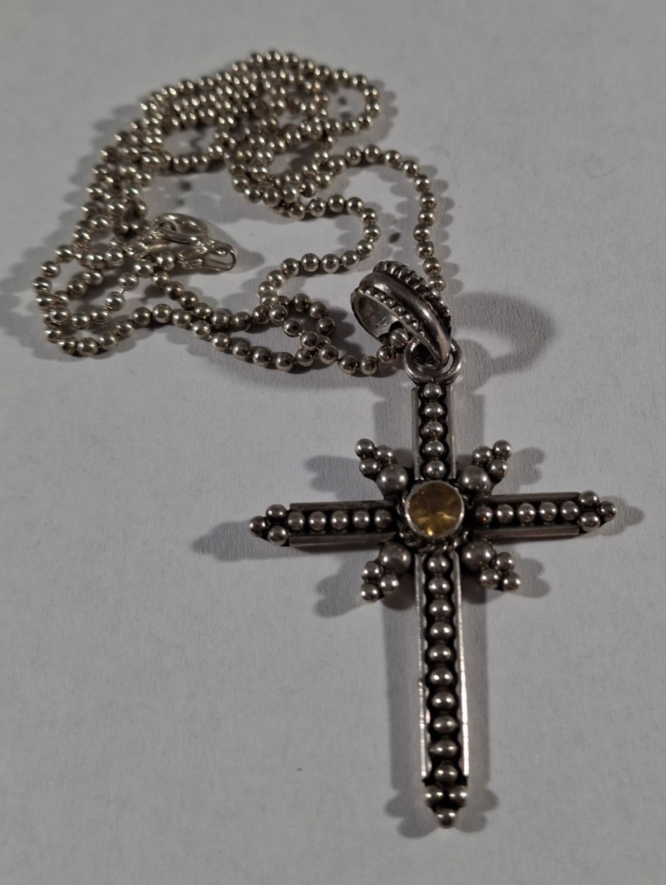 Vintage Taxco Sterling Silver Beaded Citrine Gem Cross Pendant Necklace 21 in