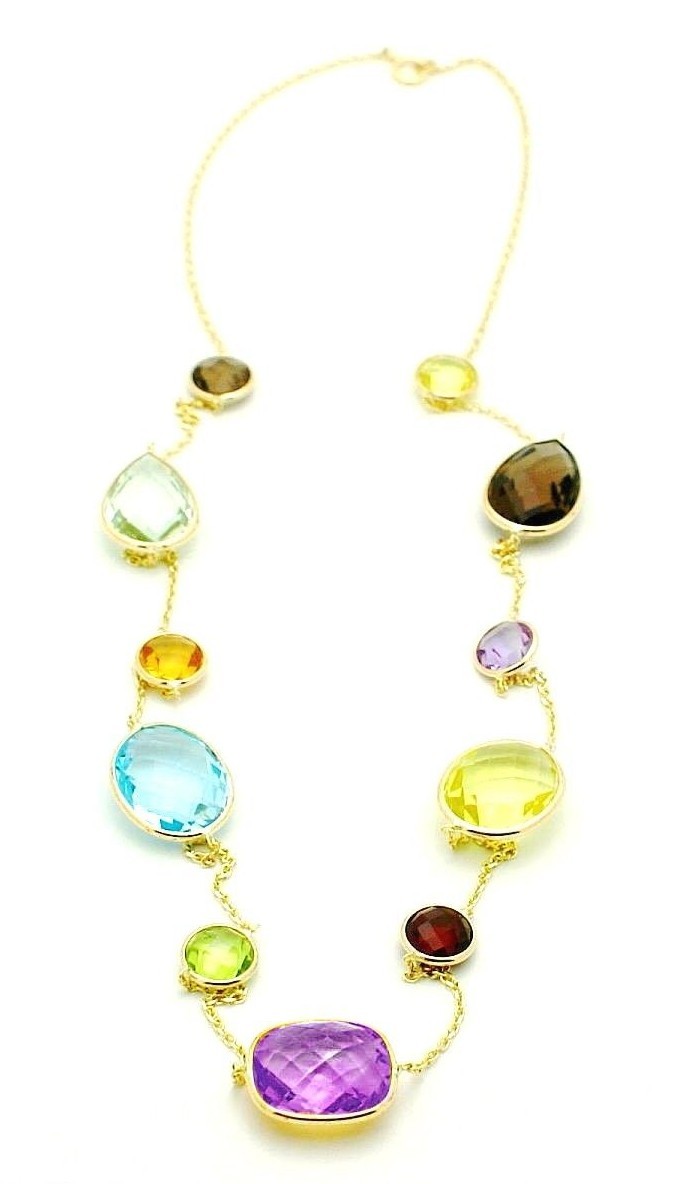 14K Yellow Gold Necklace With Multi-Shaped and Multi-Colored Gemstones 20 Inches