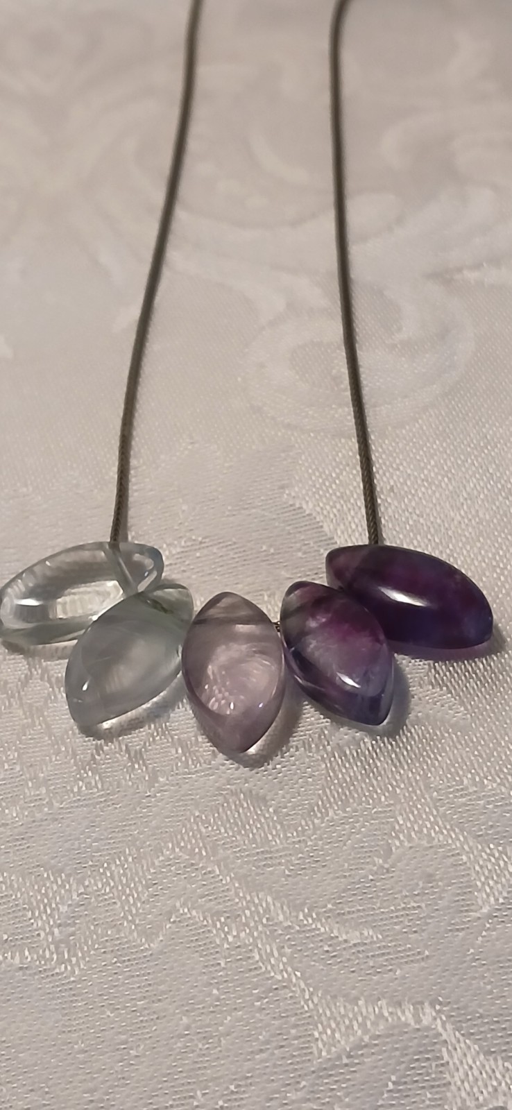 925 Snake Chain Necklace,Amethyst, Smokey Quartz, 5 Teardrop Pendants, 9.5″L