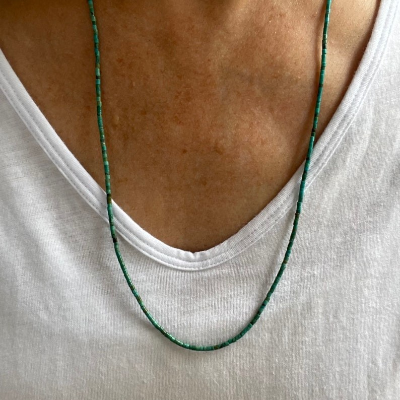 AAA Kingman Turquoise Green Blue 2mm beaded Heishi Necklace Silver Tiny Gift N21