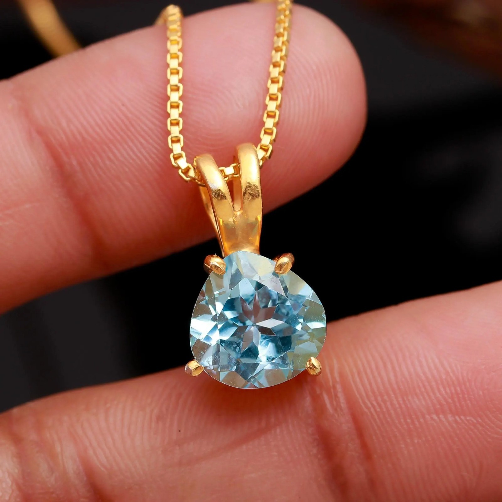 Natural Sky Blue Topaz Heart Cut Gold Plated 925 Sterling Silver Pendant