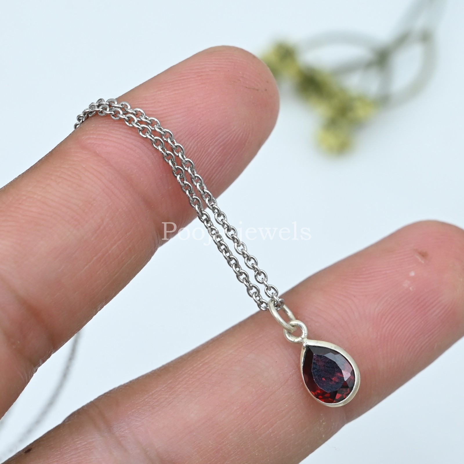 925 Sterling Silver Natural Garnet Pear Teardrop Pendant Red Gemstone Gift