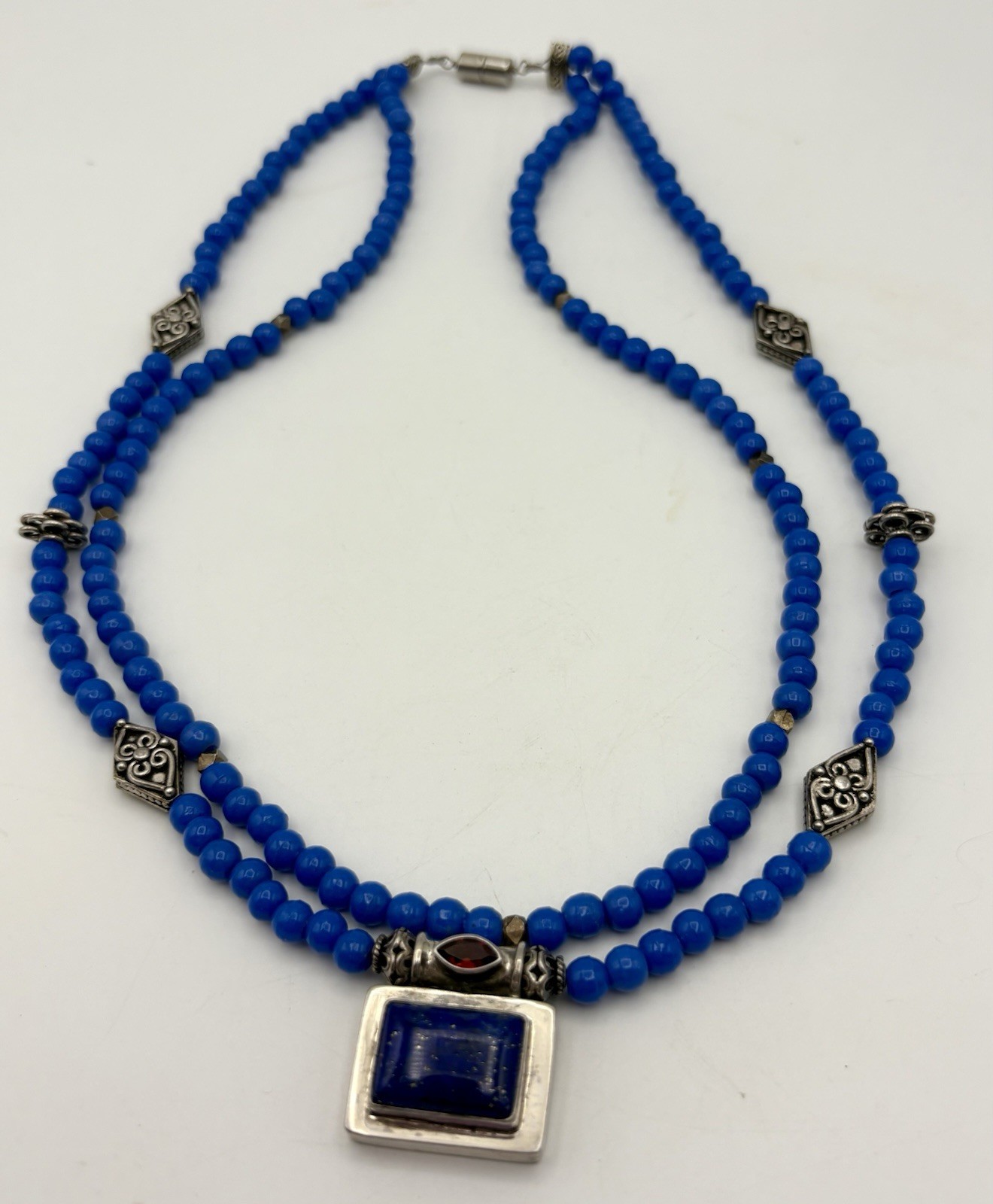Sterling Silver & Lapis Necklace Double Strand Dyed Stone Beads Magnetic Close