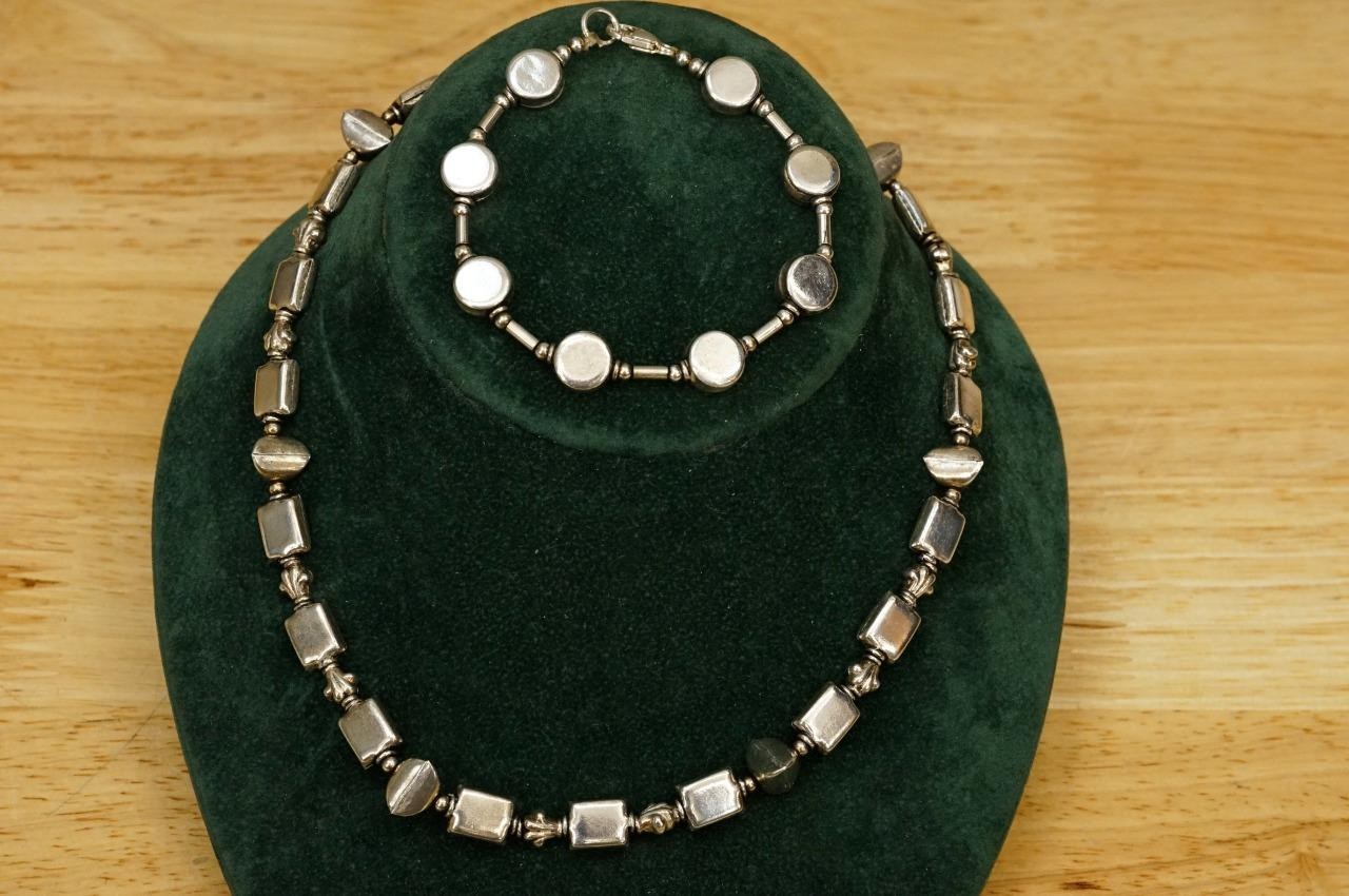 Vintage Estate Jewelry 925 Sterling Silver Geometric Beaded Necklace & Bracelet