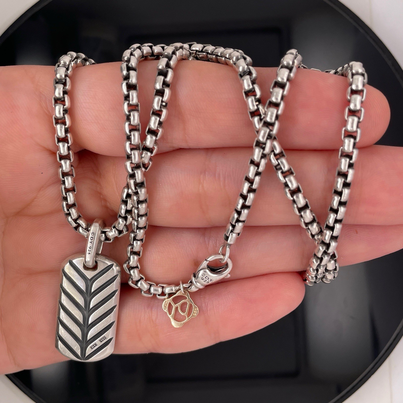 David Yurman Silver Black Diamonds Chevron Tag Pendant Necklace $2600 / 27mm