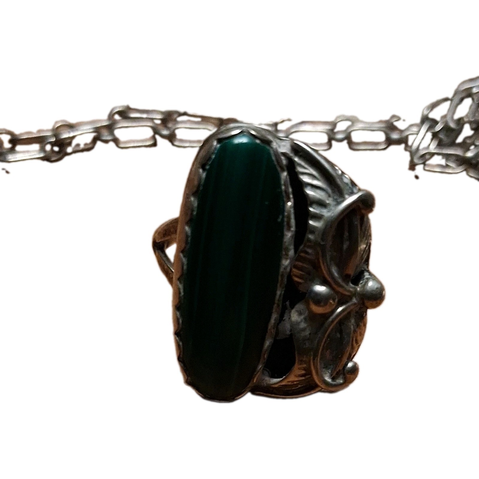 Sterling Silver 925 Oval Green Malachite Bezel Pendant With Chain And Ring