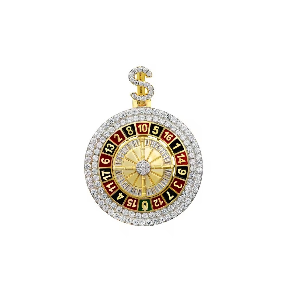 Casino Enamel Spin Charm 14K Gold Plated MOISSANITE Diamond 925 Silver Pendant