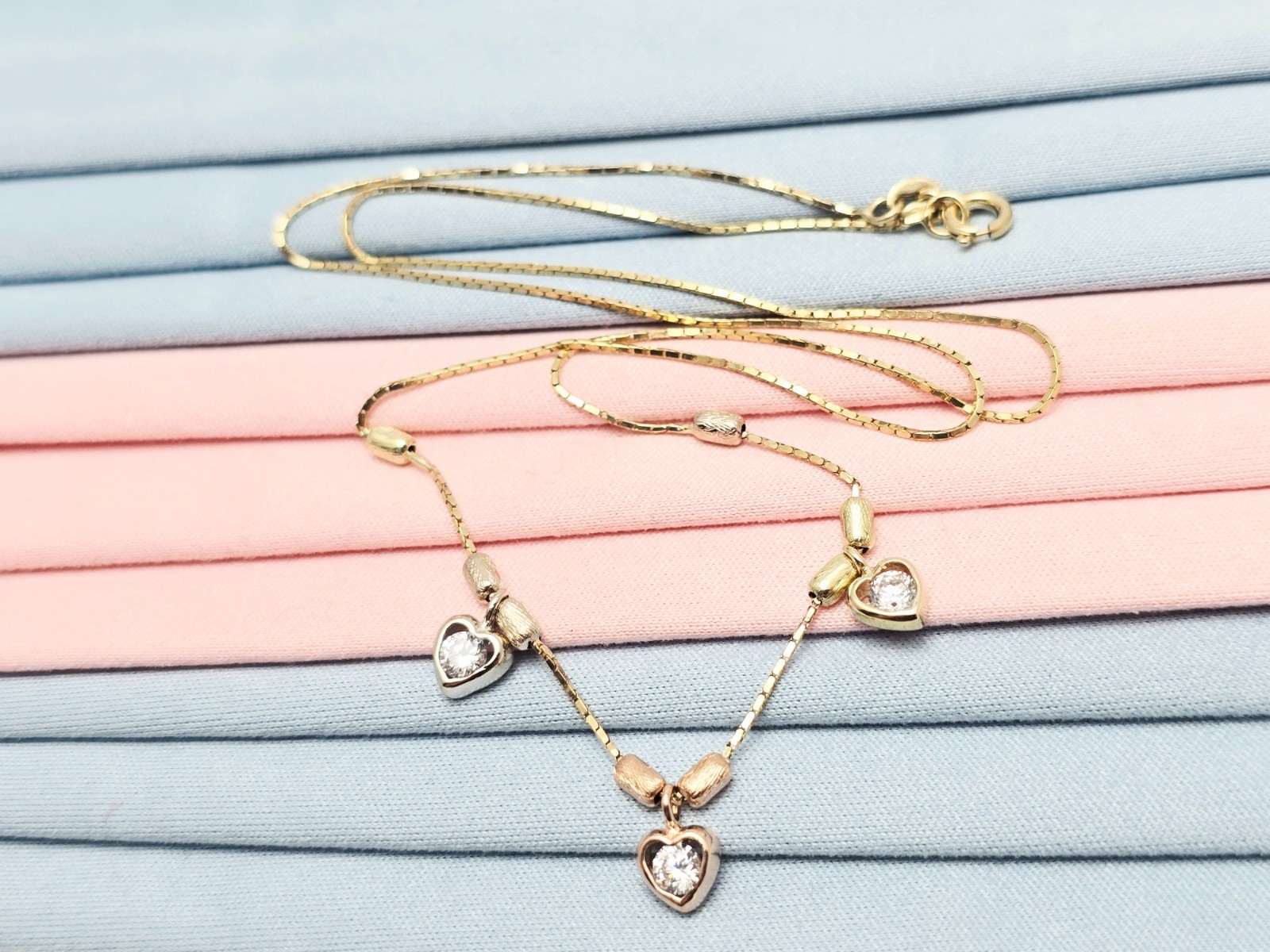 Unique 14K Tri Color Multi Tone Gold 3 Heart CZ Box Link Chain Necklace 17.50″ L