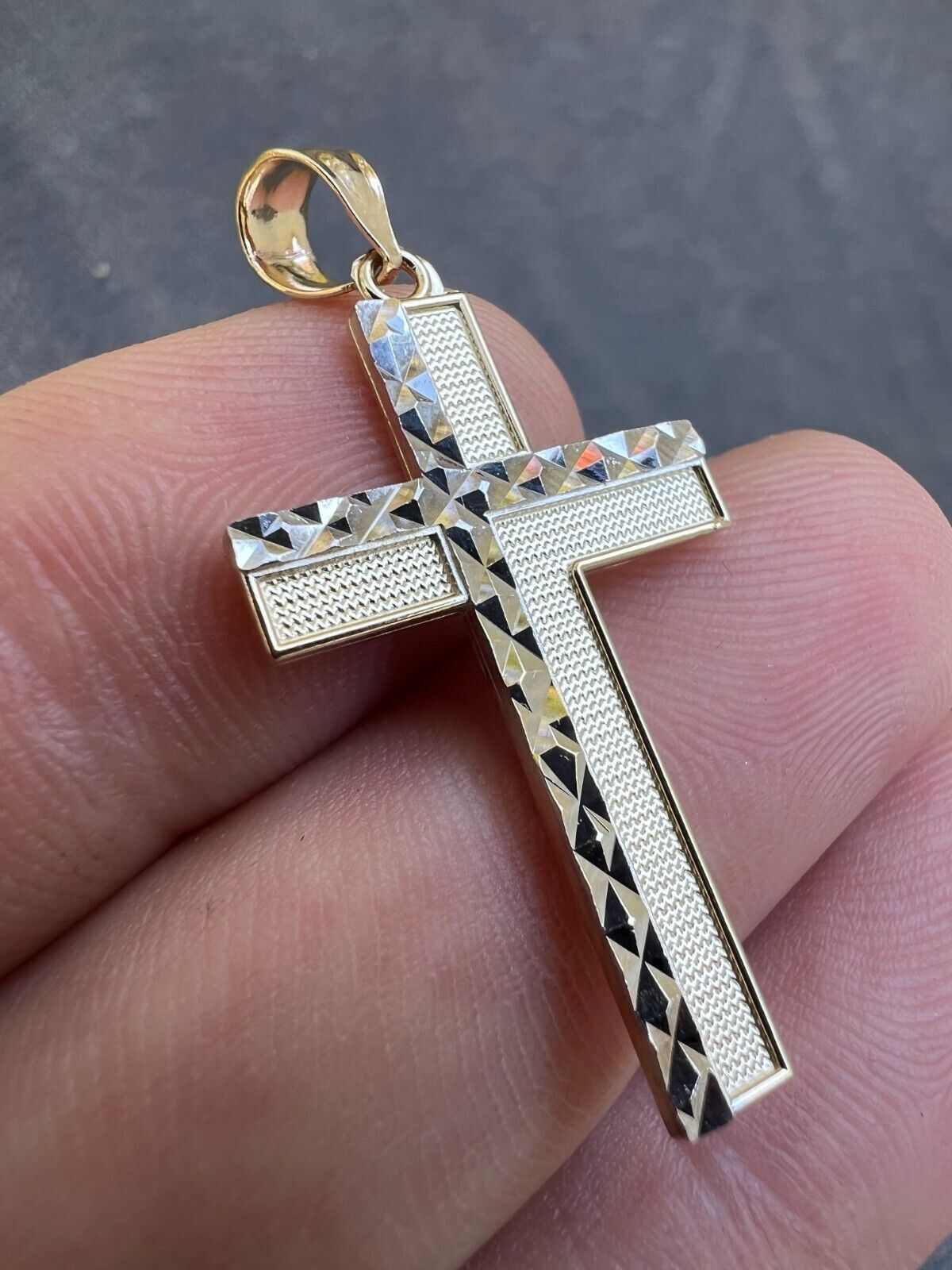 Real 14k Solid Yellow & White Diamond Cut Gold Cross Crucifix Pendant Necklace