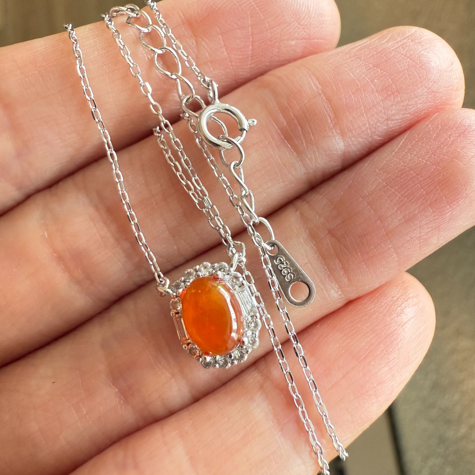 925 Sterling Silver Necklace 7x6mm Natural Fire Opal Gemstone Zircon Women Cute